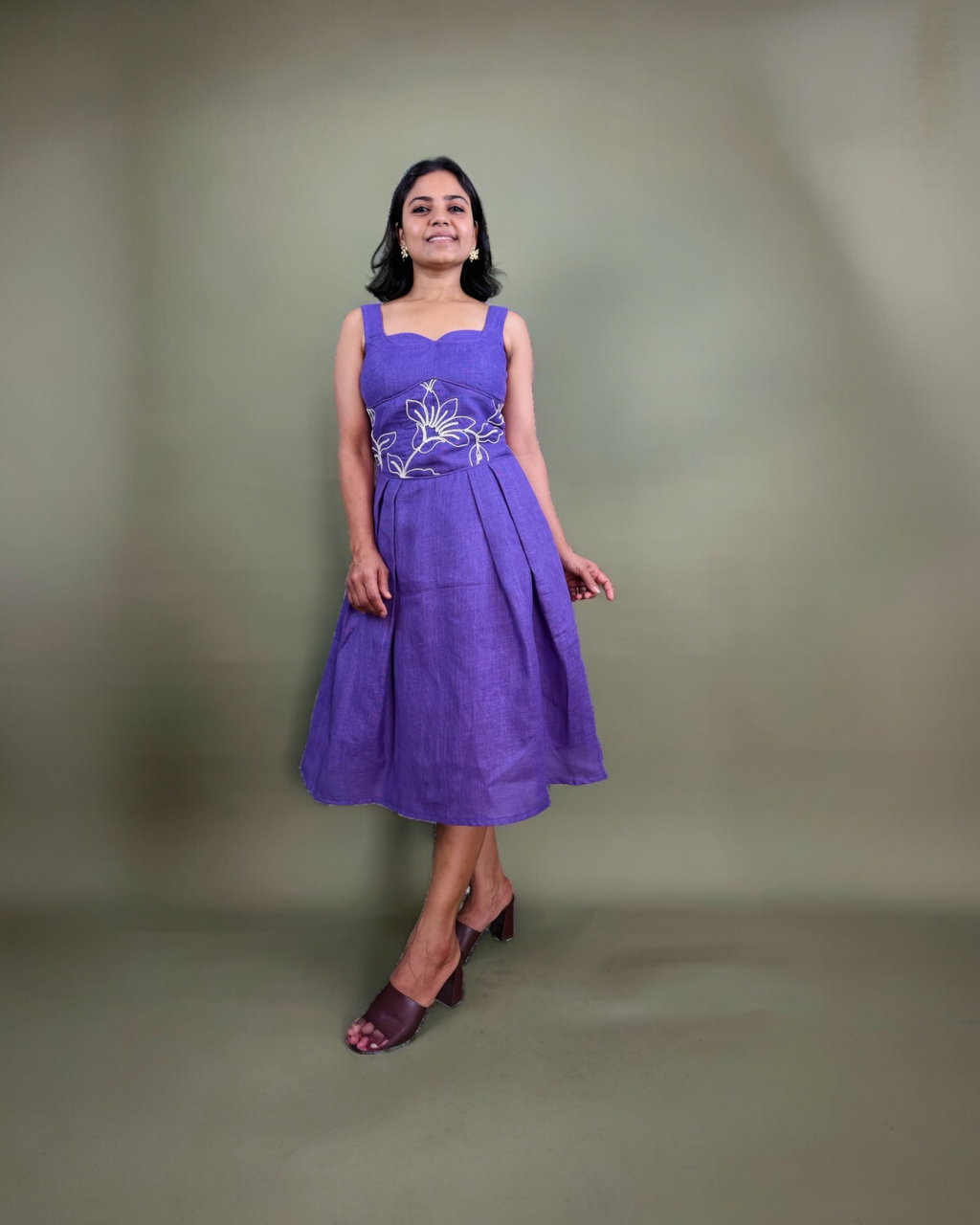 Purple Floral Embroidered Midi Dress