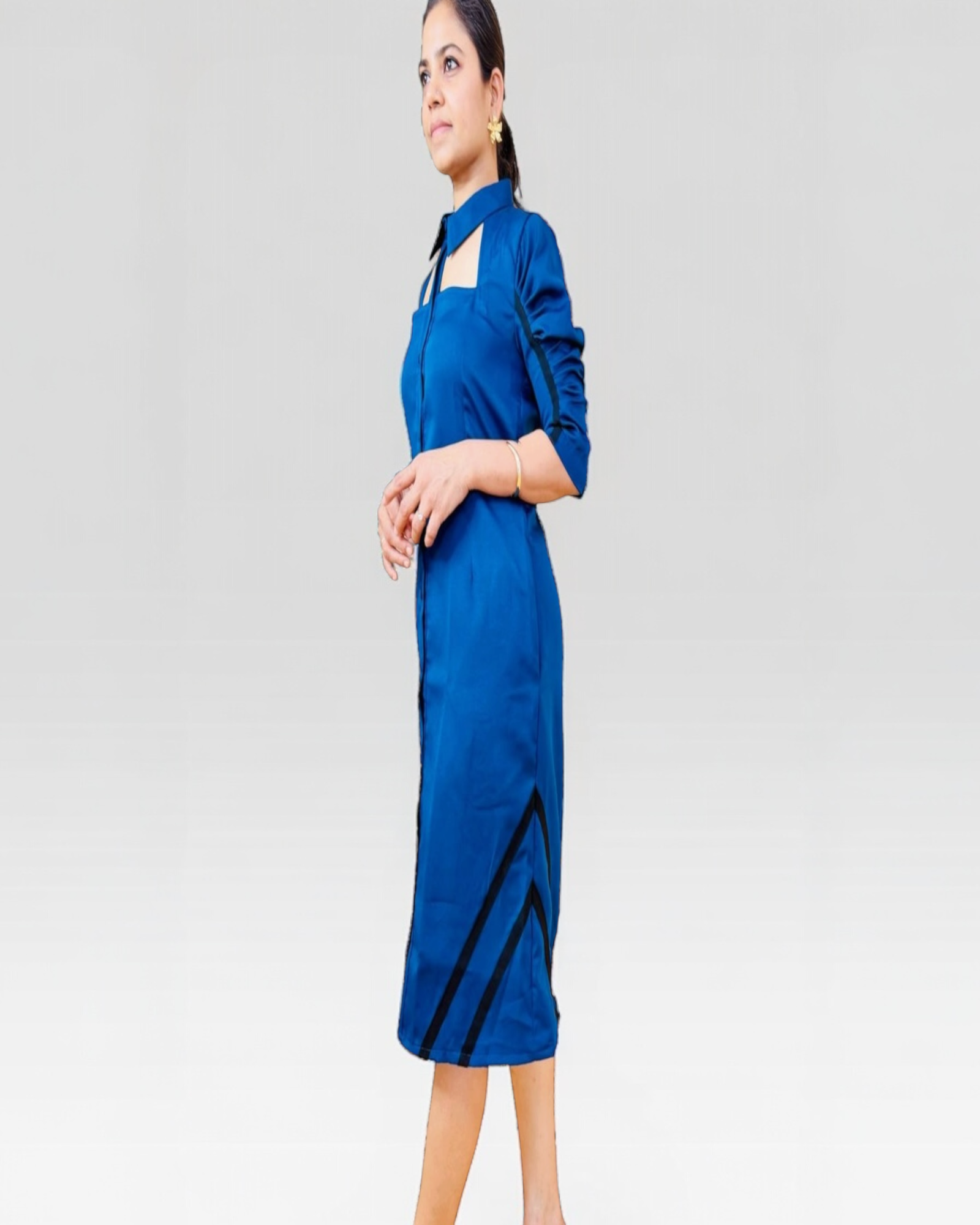 Royal Blue Cutout Collar Ruched Sleeve Button-Down Midi Dress