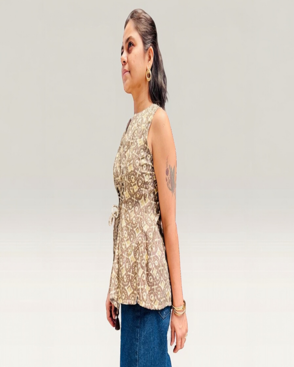 Gold Geometric Print Corset-Tie Peplum Top