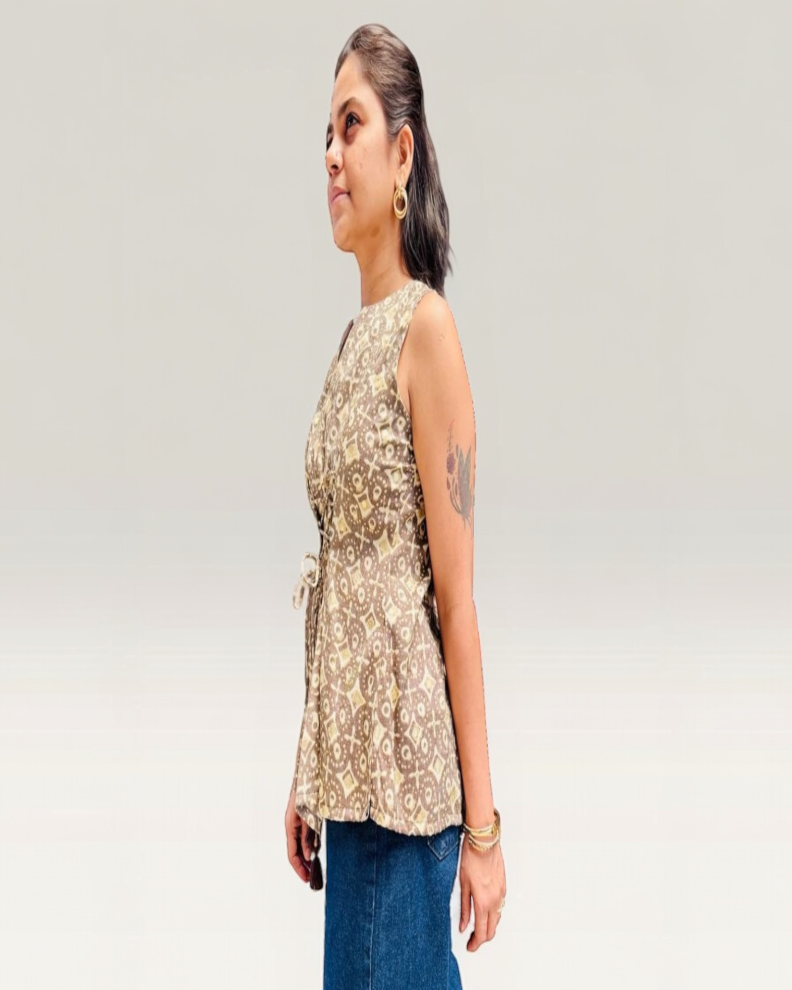 Gold Geometric Print Corset-Tie Peplum Top