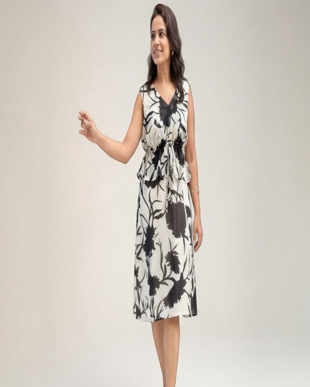 Cream & Black Bold Floral Peplum Midi Dress