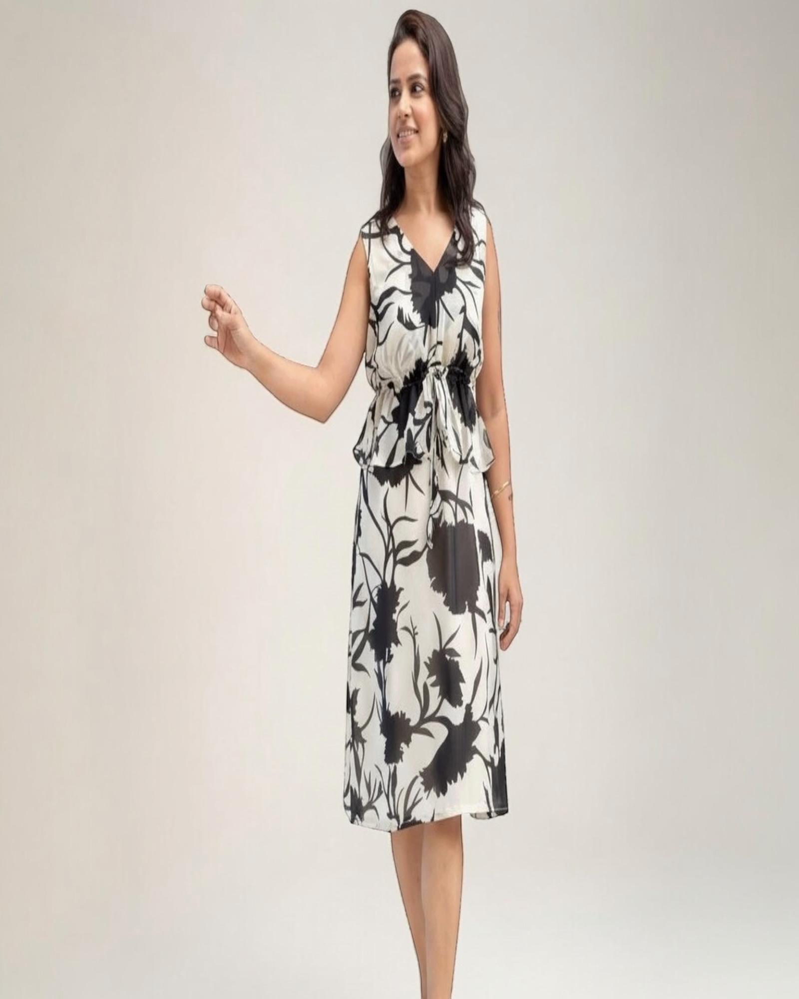 Cream & Black Bold Floral Peplum Midi Dress