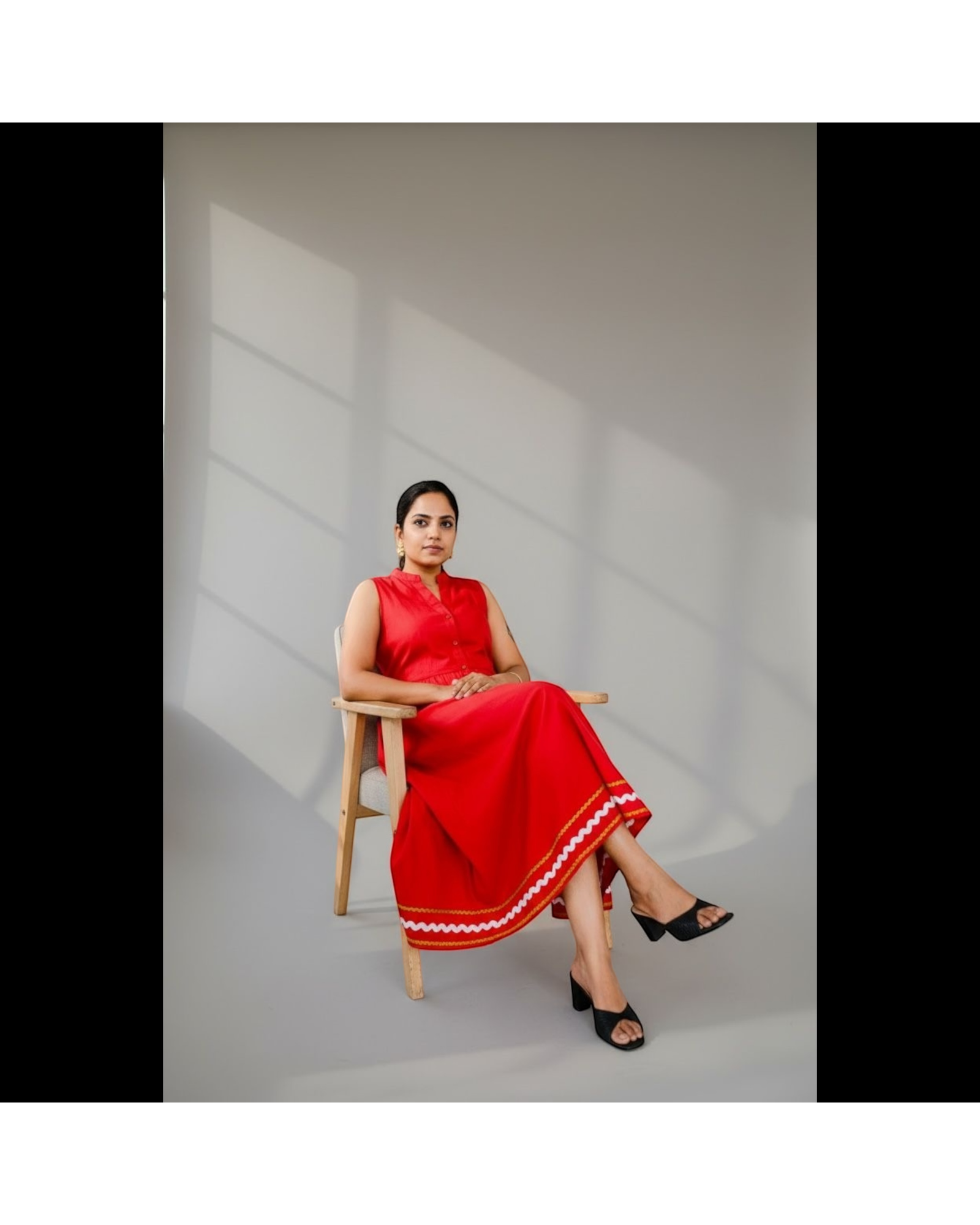 Cherry Red Ric-Rac Trim Notch Collar Midi Dress