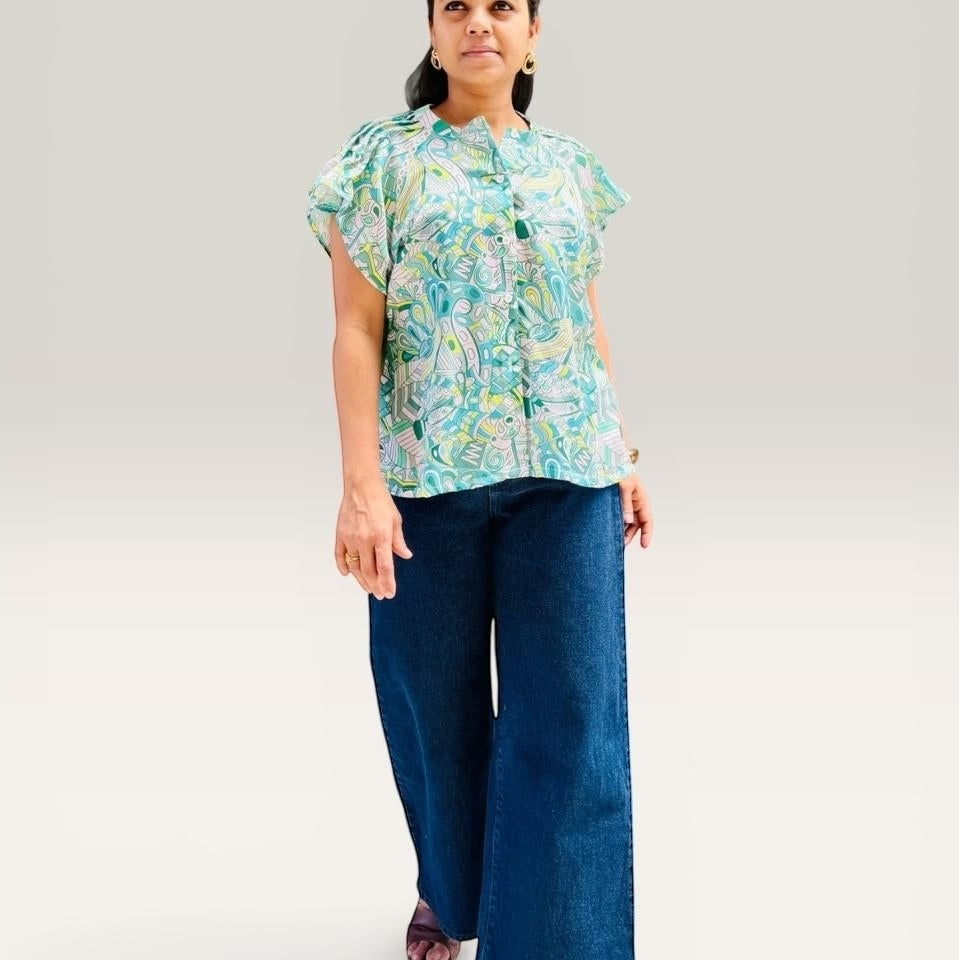 Abstract Print Flutter Sleeve Top