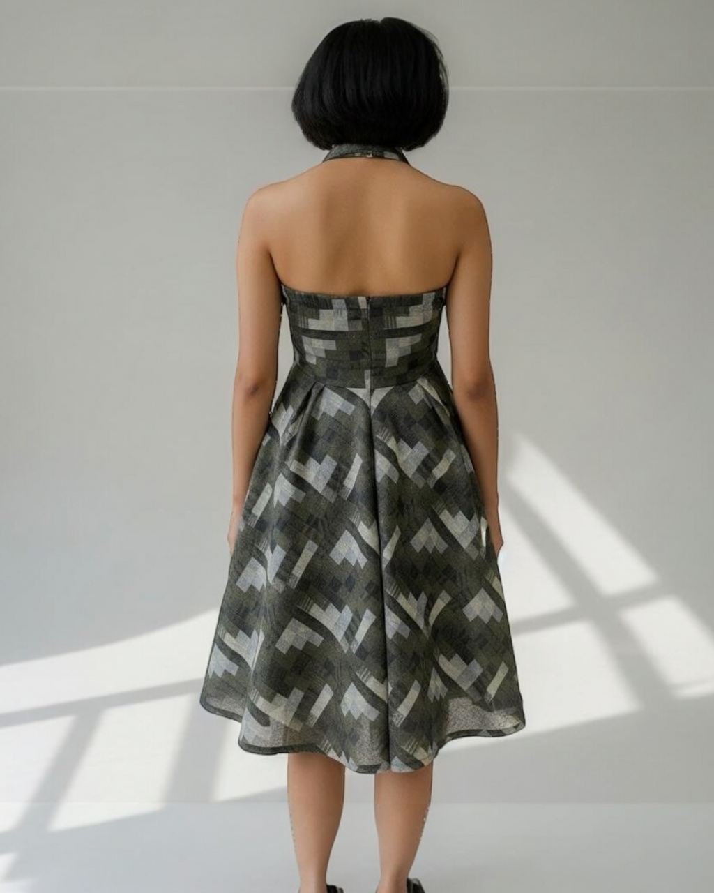 Olive Geometric Print Halter Dress