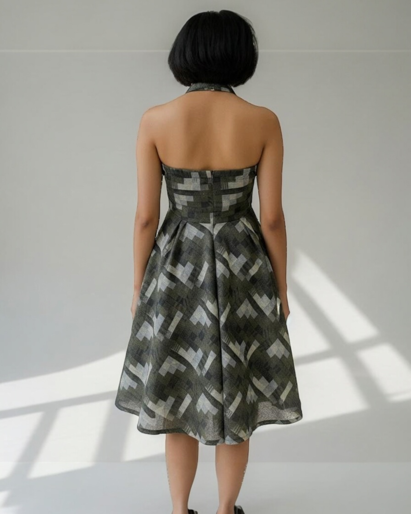 Olive Geometric Print Halter Dress