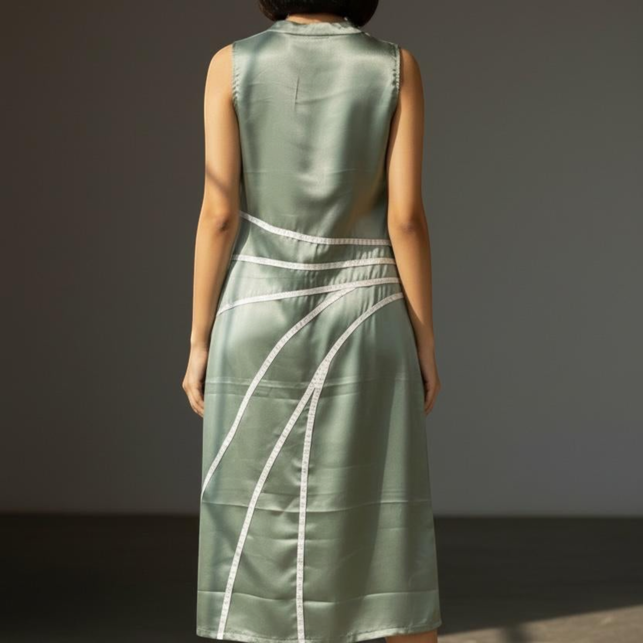 Curved Line Appliqué Satin Midi Dress in Sage Green