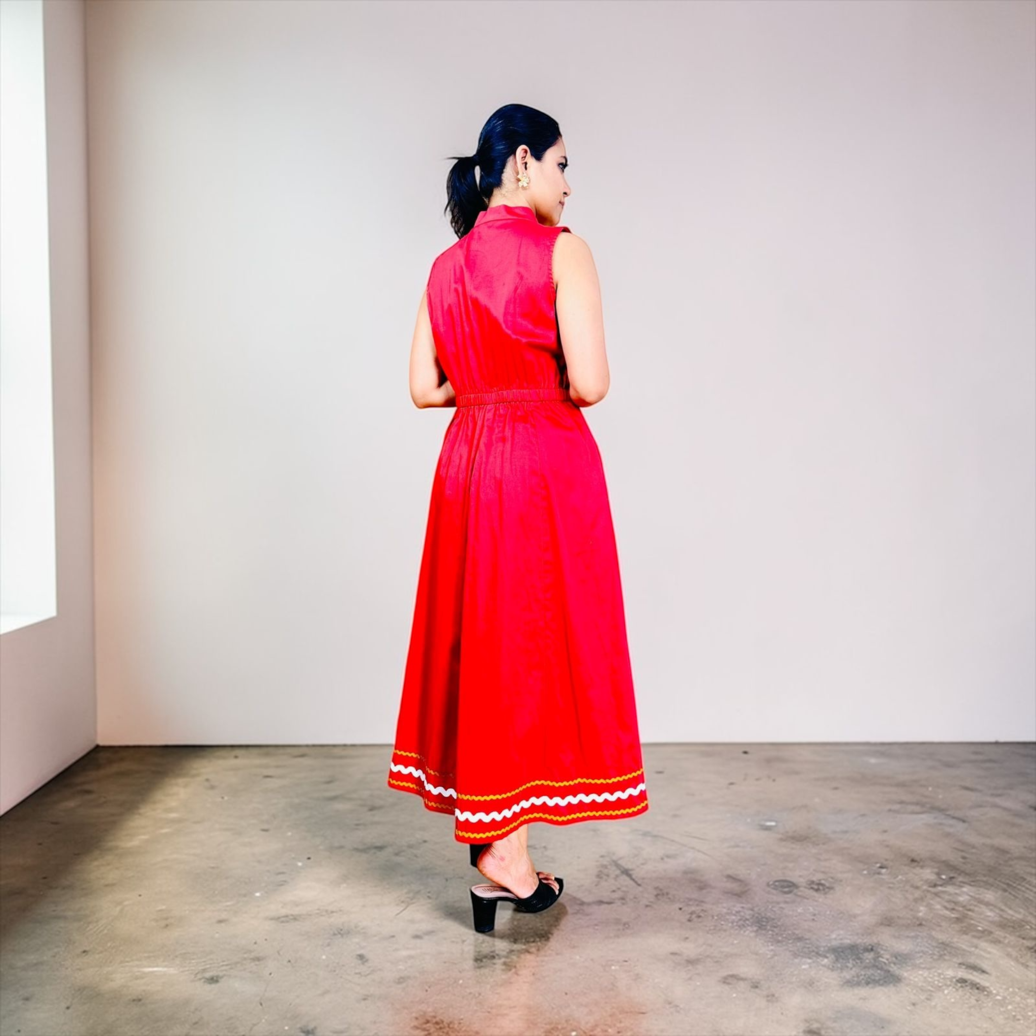Cherry Red Ric-Rac Trim Notch Collar Midi Dress