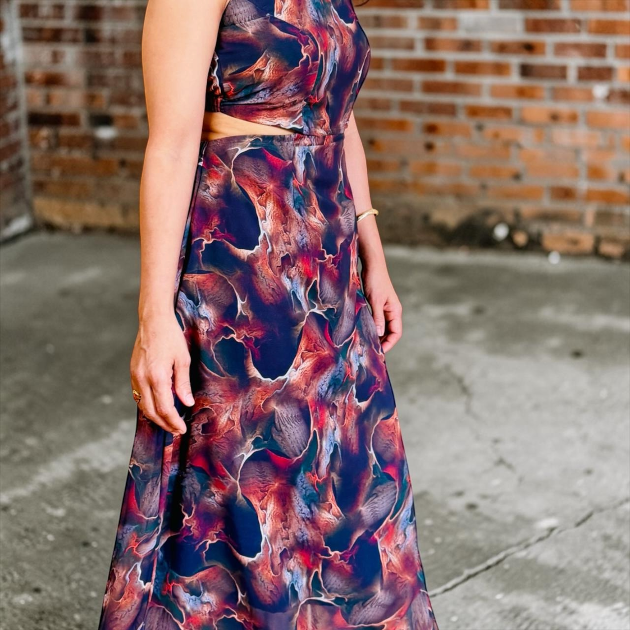 Abstract Marble Print Cut-Out Maxi Dress