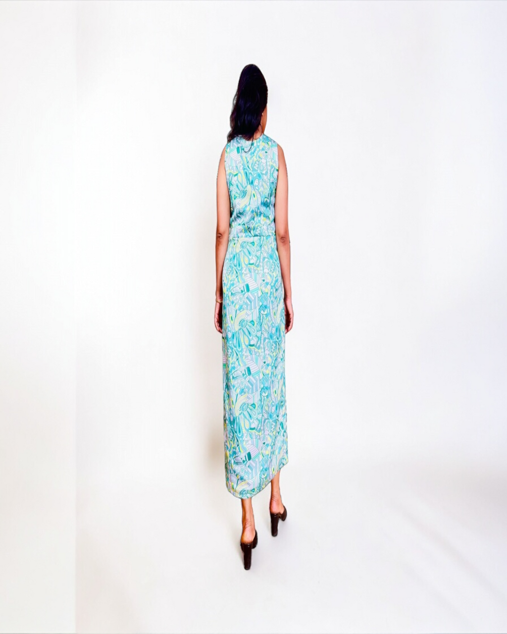 Mint Teal Abstract Doodle Print Front Slit Midi Dress