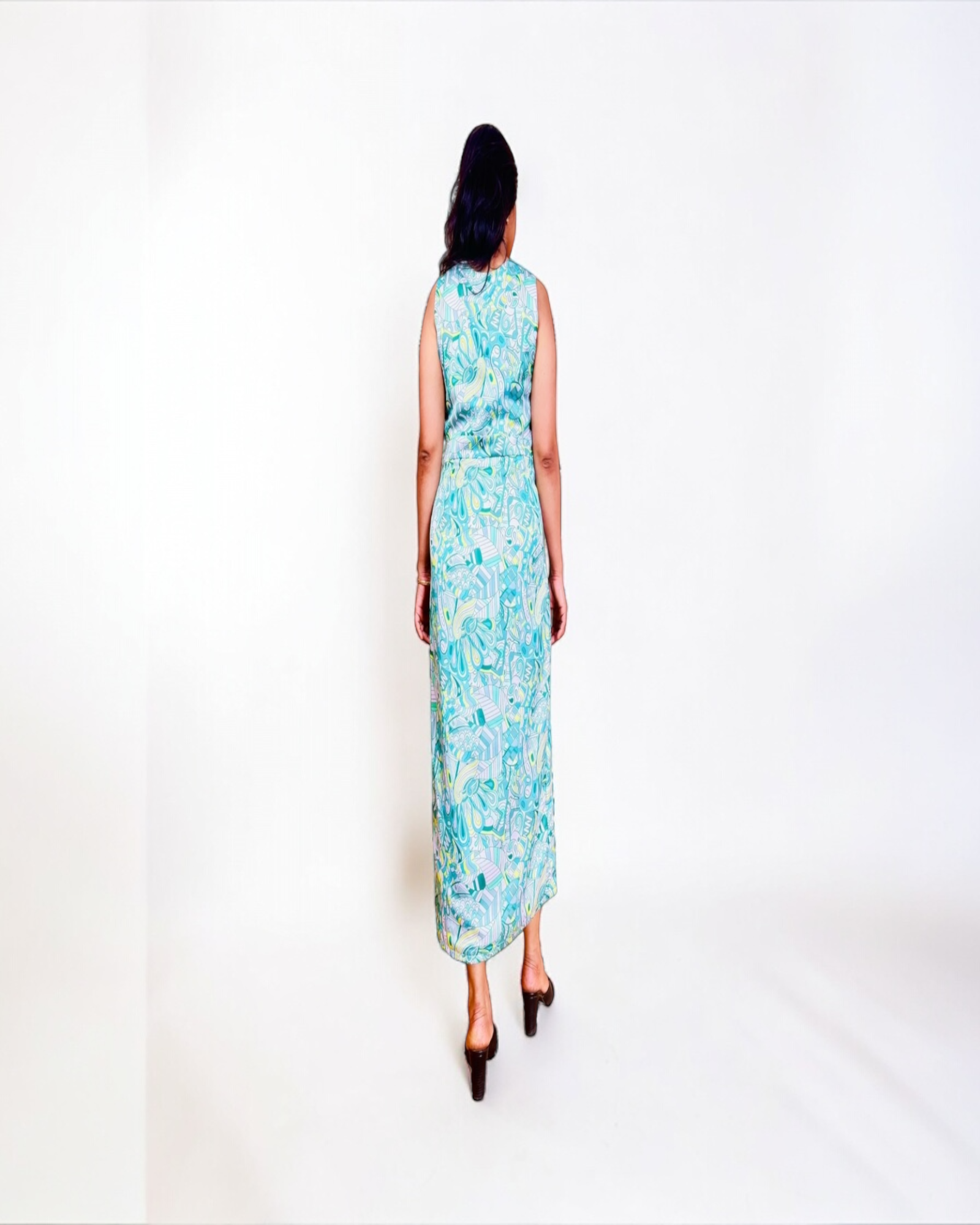 Mint Teal Abstract Doodle Print Front Slit Midi Dress