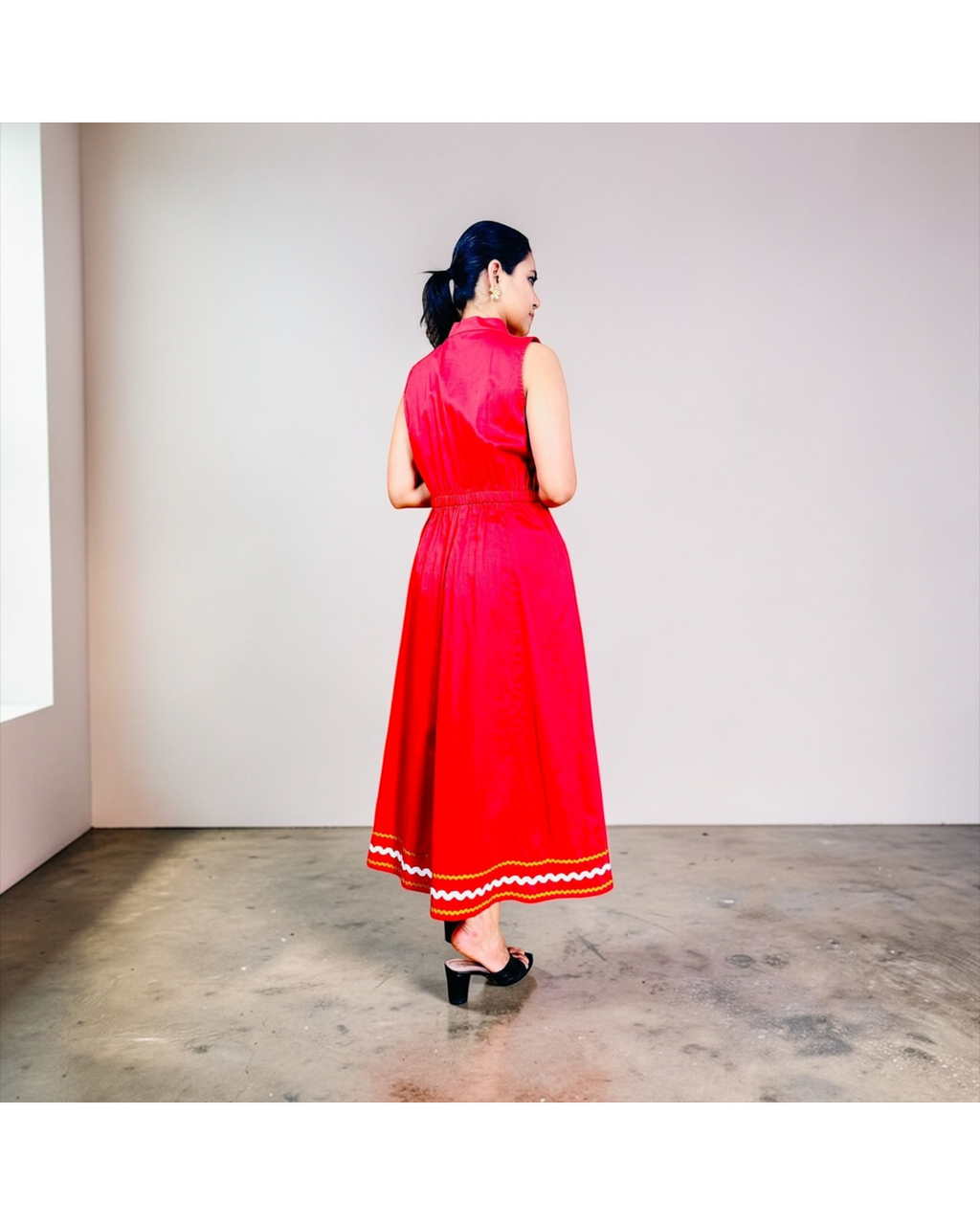 Cherry Red Ric-Rac Trim Notch Collar Midi Dress