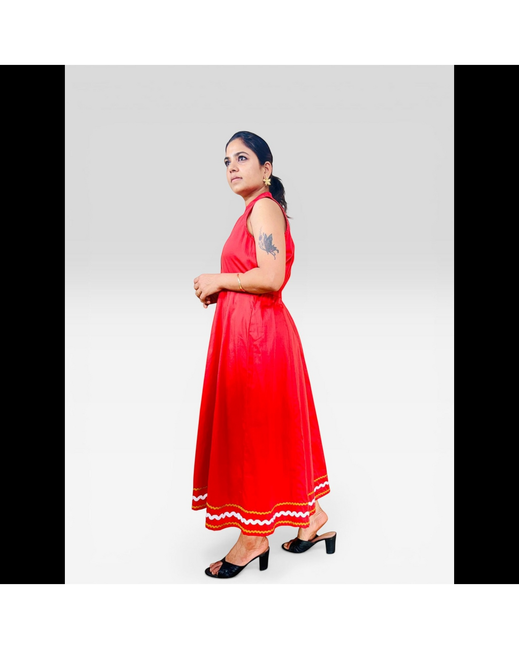 Cherry Red Ric-Rac Trim Notch Collar Midi Dress