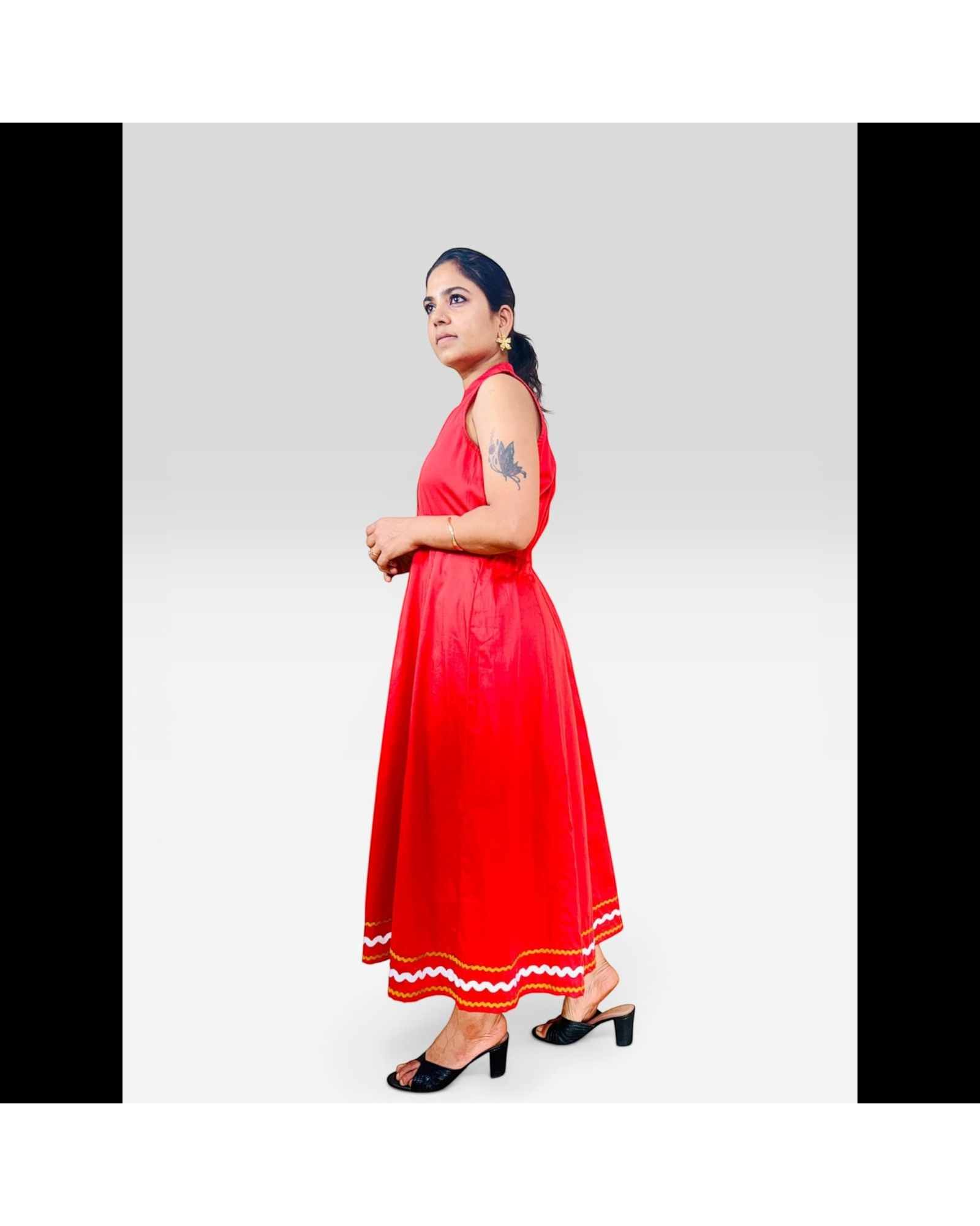 Cherry Red Ric-Rac Trim Notch Collar Midi Dress