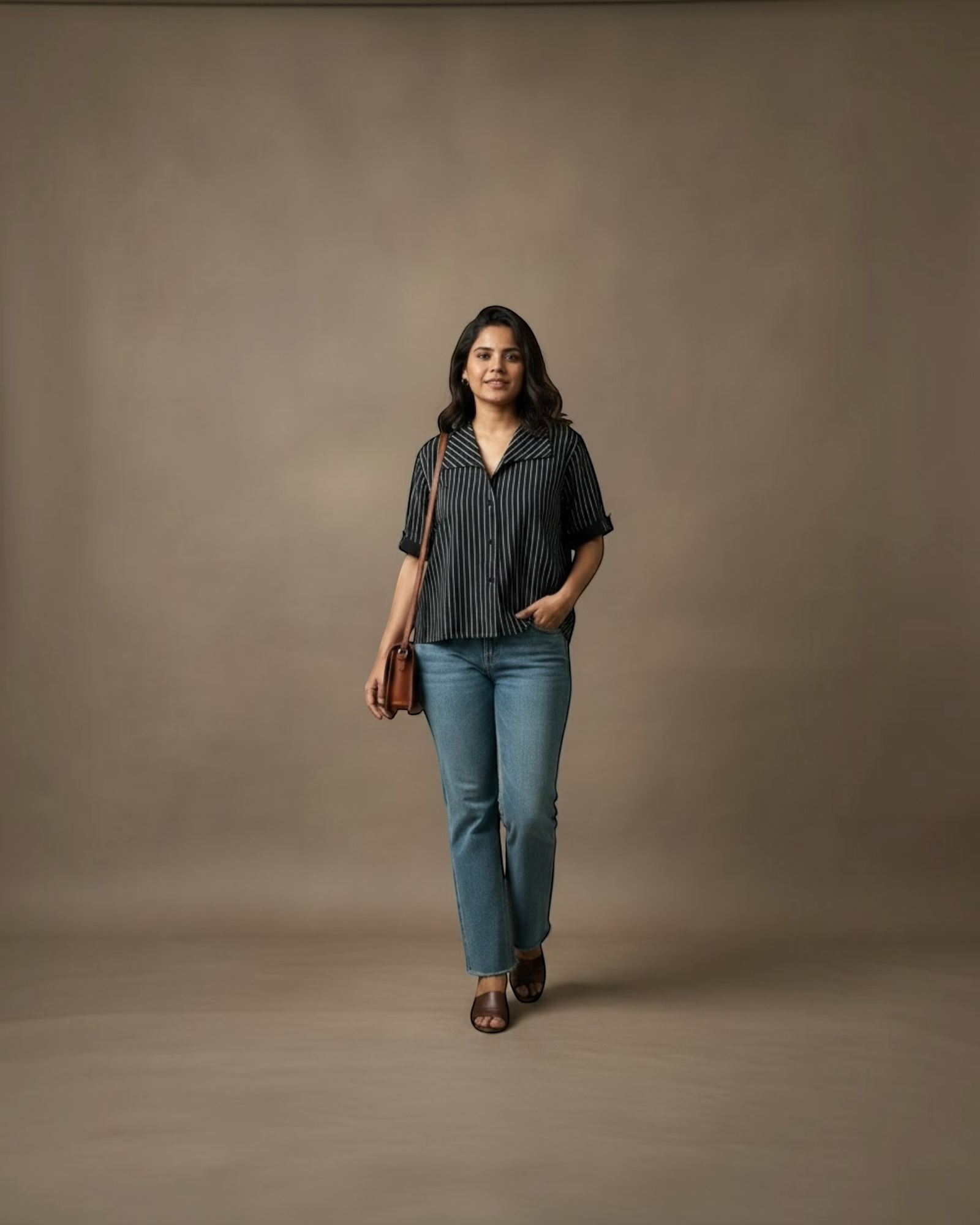 A woman modeling a short-sleeve button-up shirt with thin vertical black and white stripes, paired with blue jeans and brown sandals, standing against a solid warm brown studio backdrop.