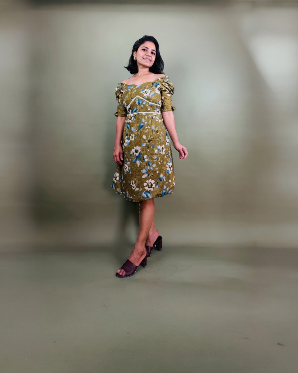Olive Floral Off-Shoulder Puff Sleeve Dress