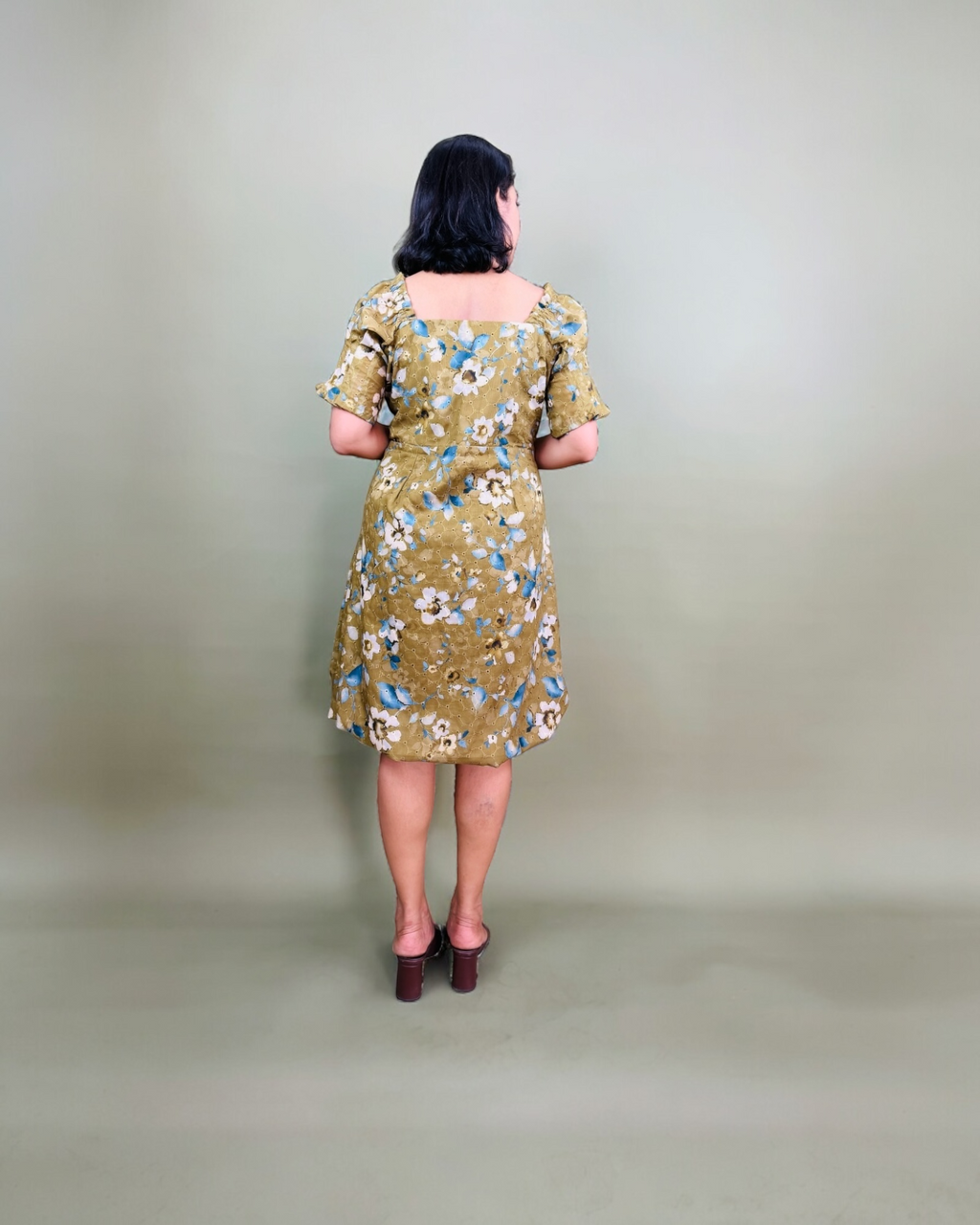 Olive Floral Off-Shoulder Puff Sleeve Dress